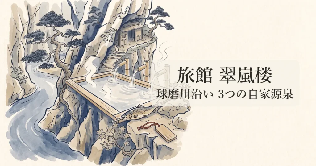 【旅館 翠嵐楼】球磨川沿い人吉温泉発祥の宿と3つの独自源泉を巡る物語 のイメージイラスト