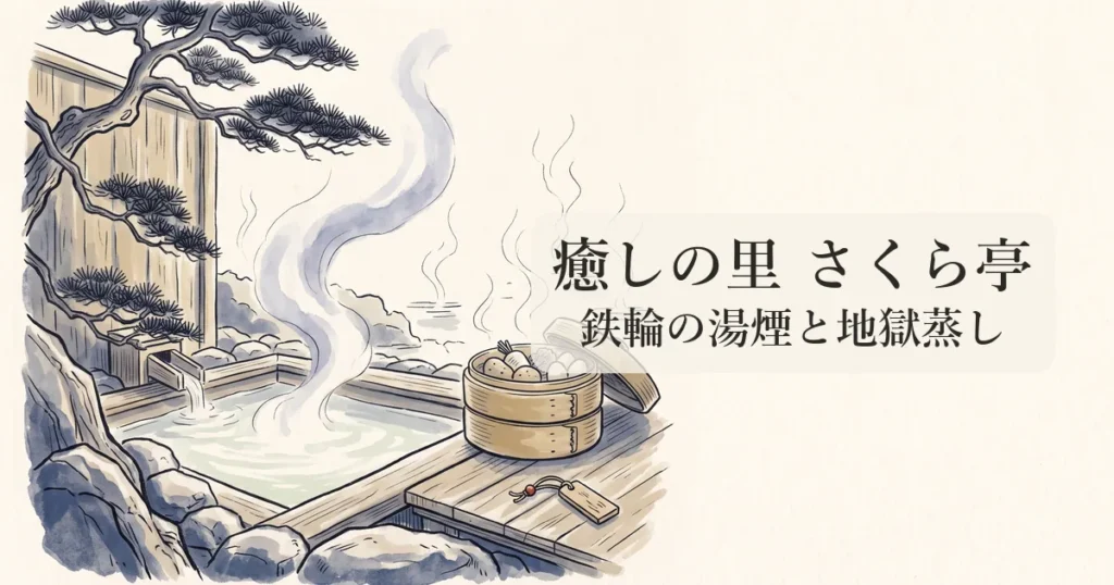 【癒しの里 さくら亭】鉄輪温泉の湯煙と全室客室温泉露天＆地獄蒸しの物語 のイメージイラスト
