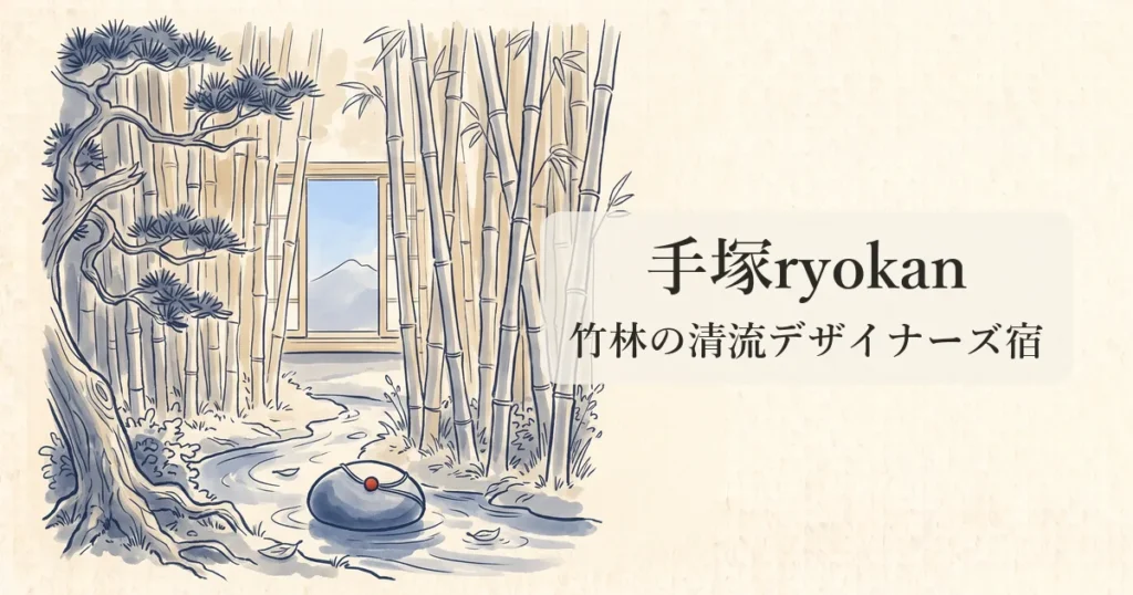 【手塚ryokan】竹林と清流に抱かれたデザイナーズ空間ととろとろ美肌温泉の物語 のイメージイラスト