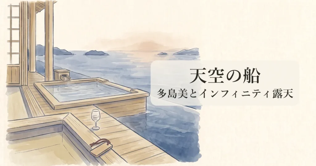 【天空の船】天草の多島美と海を見渡す絶景インフィニティ露天風呂の物語 のイメージイラスト