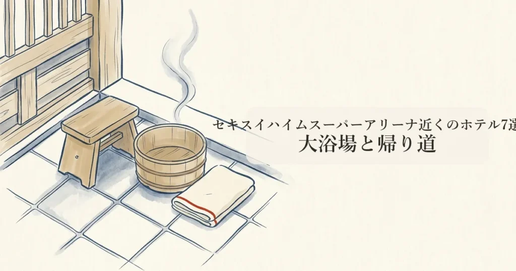 大浴場の洗い場に並ぶ檜の風呂椅子と桶