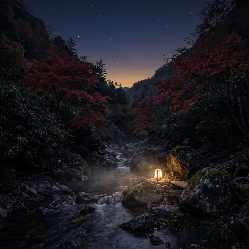 紅葉に染まる山あいの渓谷