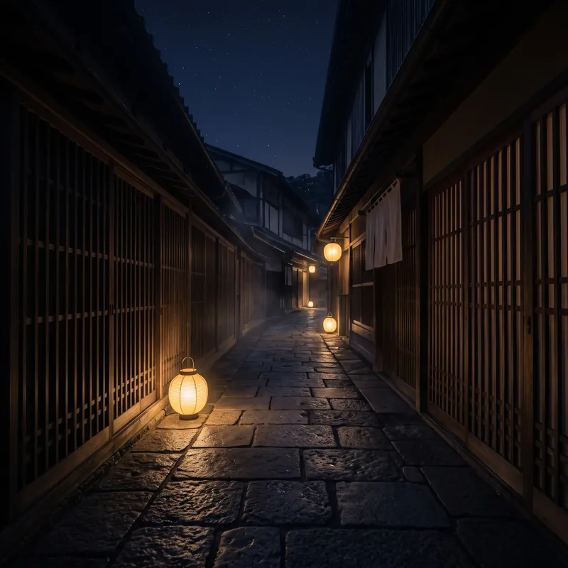 灯りのともる石畳の路地